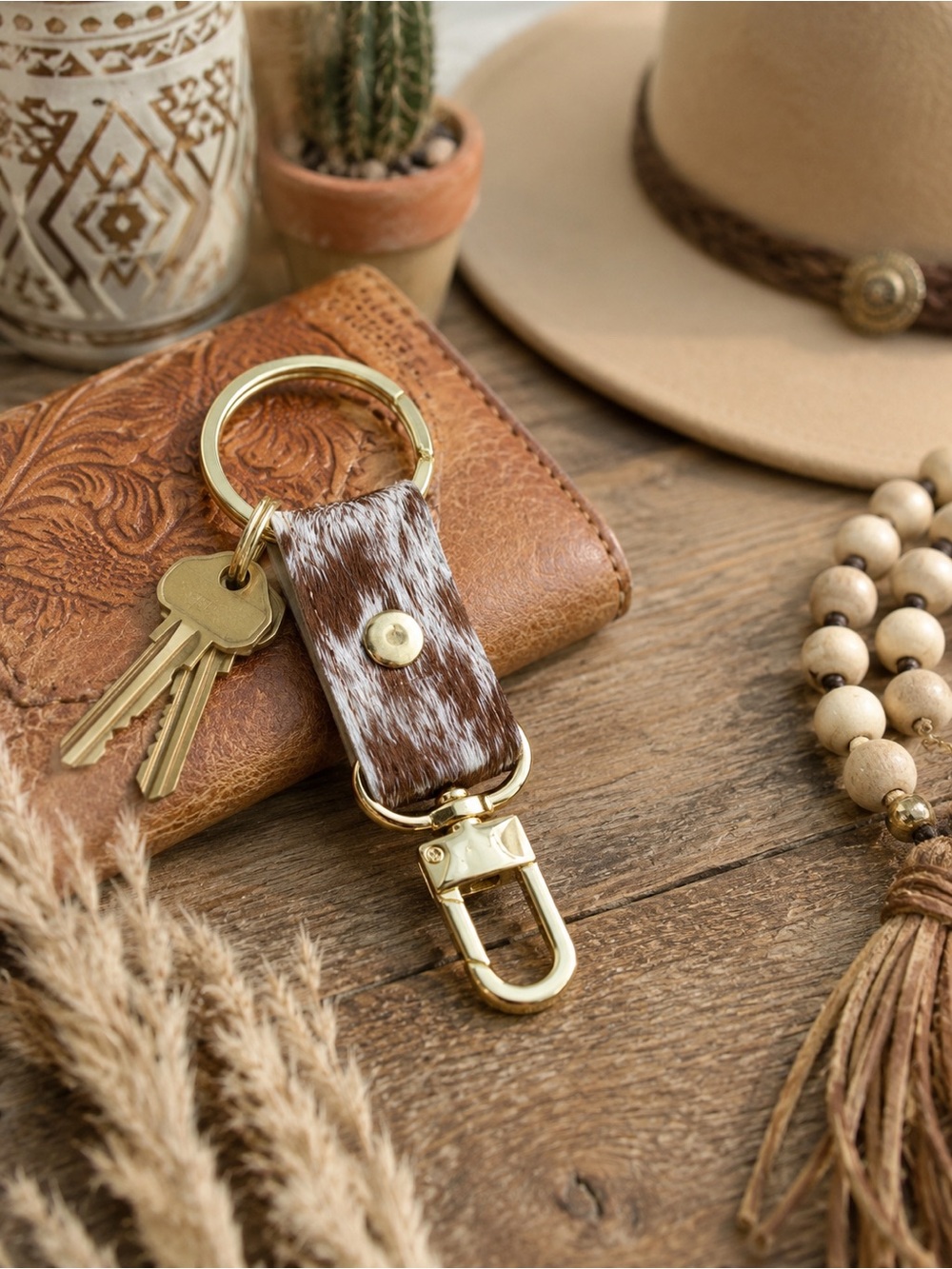 Beaudin Cowhide Leather Keychain Brown Western Gold Hardware NWOT